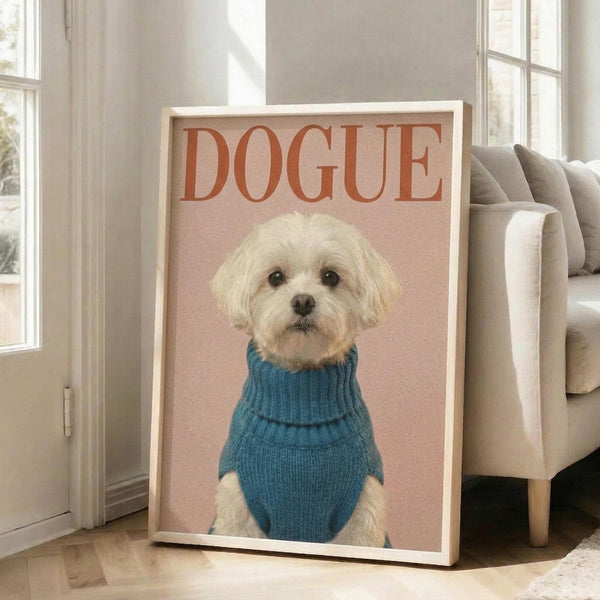 May include: Framed poster featuring a white Maltese dog wearing a blue knitted turtleneck sweater against a soft pink background, with "DOGUE" text in coral letters at top. Light wood frame leans against white wall next to beige upholstered chair in bright, airy room with hardwood floors and large windows casting natural light.