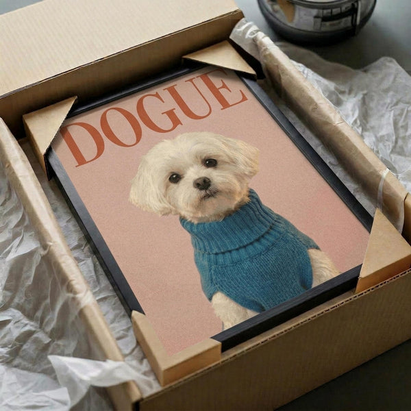 May include: Framed poster of small white Maltese dog wearing blue knit turtleneck sweater against pink background with "DOGUE" text in red letters. Black frame sits in opened cardboard shipping box with white tissue paper padding on white surface.