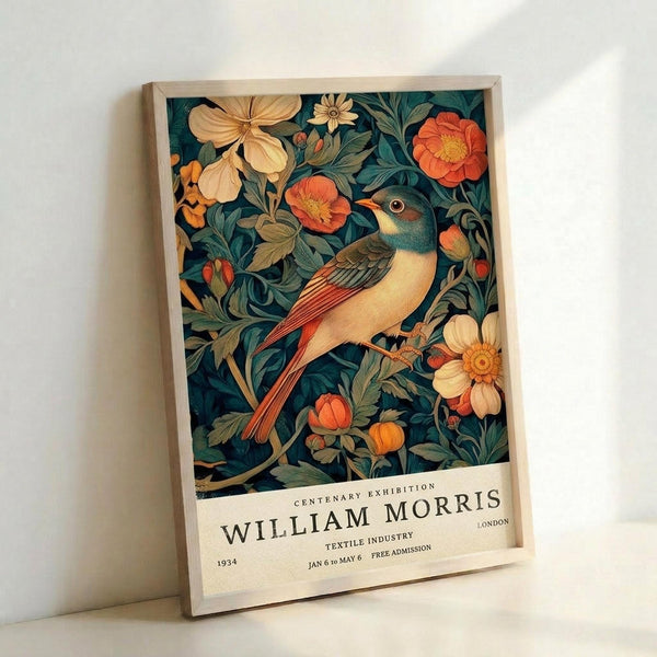 May include: Framed vintage-style poster featuring a colorful bird with orange and cream plumage perched among lush botanical elements including orange flowers, cream blooms, and deep teal foliage. The artwork has rich, detailed illustration in William Morris decorative style. Below the floral design is exhibition text reading "Centenary Exhibition William Morris" with "1934," "London," "Textile Industry," and "Jan 6 to May 6 Free Admission." Light wood fram