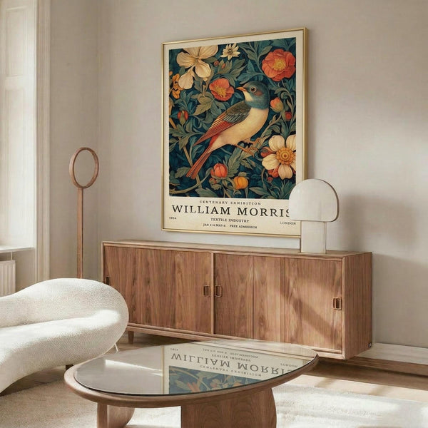 May include: Vintage-style poster featuring a colorful bird among botanical flowers and foliage in teal, orange, and cream tones, displayed in thin gold frame above mid-century wooden credenza. White upholstered chair and glass-top coffee table visible in bright, minimalist room setting with white walls and natural lighting.