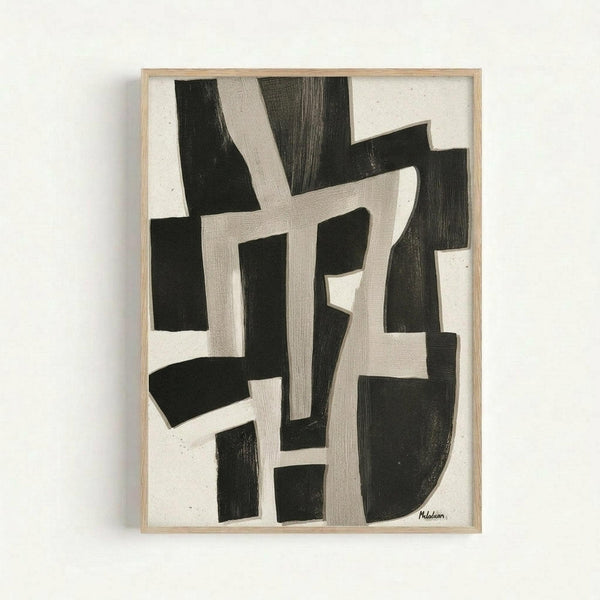 Abstract geometric artwork with bold black and beige brushstrokes forming interlocking angular shapes on a cream background. The composition features thick, painterly strokes creating a dynamic pattern of intersecting forms. Displayed in a simple light wood frame against a white wall, with artist signature visible in the bottom right corner.