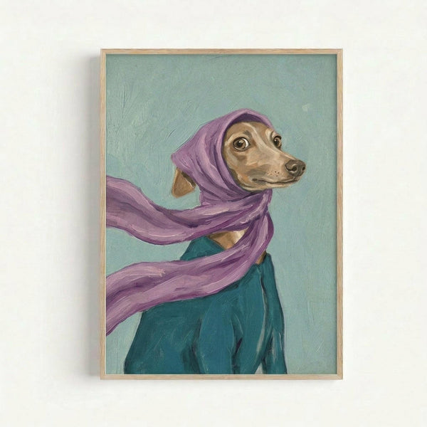 A painted portrait of an Italian Greyhound wearing a purple headscarf and teal coat against a soft mint green background. The dog has tan and brown coloring with alert eyes and is looking to the side. The artwork is displayed in a light wooden frame on a white wall, showing visible paint texture and brushstrokes in an expressive, whimsical style.