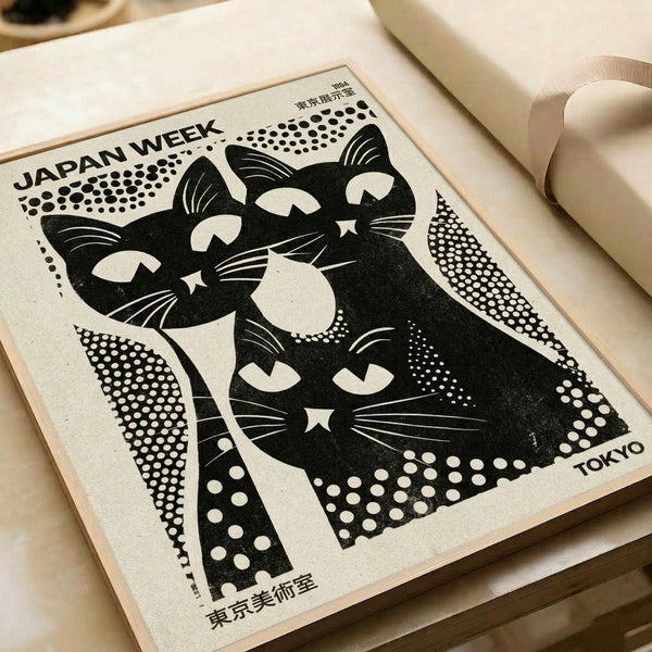 Black and white poster print featuring three stylized cat faces with geometric halftone dot patterns. The cats have large eyes and whiskers rendered in a bold graphic style. Text reads "JAPAN WEEK" at top and "TOKYO" at bottom right, with Japanese characters. The print lies on white paper with neutral-toned paper rolls visible in the background, showing the artwork's vintage-inspired design and monochromatic color scheme.