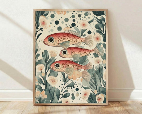 May include: Framed botanical art print featuring three coral-red fish with spotted patterns and large dark eyes swimming among sage green foliage, cream flowers, and scattered dots on an off-white background. The artwork is displayed in a light wood frame leaning against white walls on blonde hardwood flooring with natural shadows.