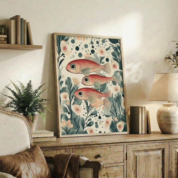 May include: Framed poster with three red fish swimming among green foliage and coral pink flowers on cream background, displayed on rustic wooden sideboard beside fern plant, books, and ceramic vases in cozy living room setting with beige armchair and floating shelf