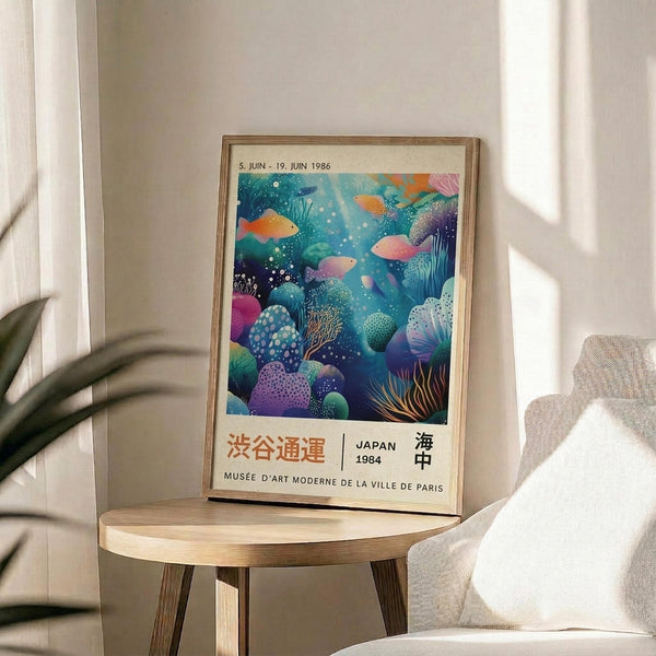 May include: Framed vintage exhibition poster featuring vibrant underwater coral reef scene with colorful fish, sea anemones, and marine life in blues, purples, pinks and oranges. Japanese text and "Musée d'Art Moderne de la Ville de Paris" visible at bottom with dates from 1986. Light wood frame sits on round wooden side table next to beige upholstered chair with plant shadows cast on white wall behind.