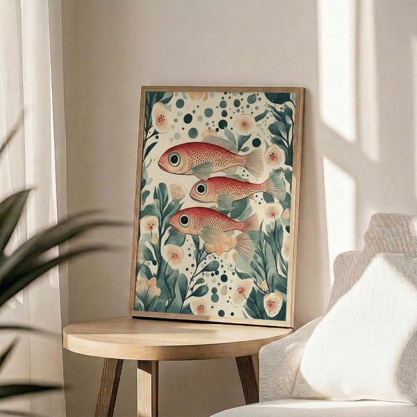 May include: Framed artwork featuring three red fish with white spotted patterns and large eyes, surrounded by teal green seaweed and cream-colored flowers with dotted bubbles on a light background. The print sits on a round wooden side table next to a beige upholstered chair, with a plant visible in soft natural lighting from a window.
