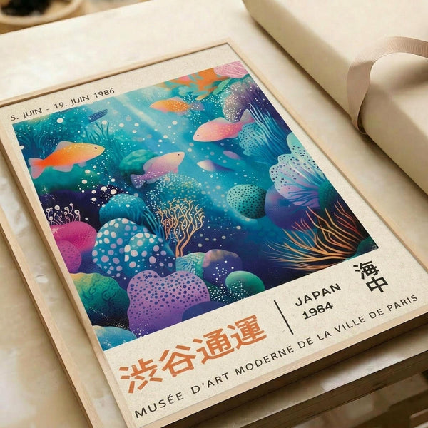 May include: Vintage-style art poster featuring vibrant underwater scene with coral reef, tropical fish in pink and orange, sea anemones, and marine plants in turquoise and purple tones. Japanese text and "JAPAN 1984" with museum attribution printed below colorful aquatic illustration. Poster displayed in cream matted frame on white bedding.