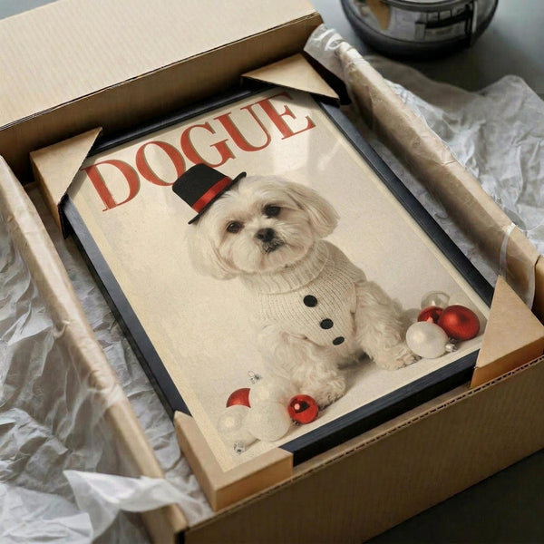 May include: Framed poster print featuring a fluffy white Maltese dog wearing a cream cable-knit sweater and small black top hat with red band. The dog sits against a cream background with red and white Christmas ornaments scattered around. Red "DOGUE" text appears in magazine-style lettering at the top. The black-framed print is shown in an open cardboard shipping box with brown paper packaging materials on a white surface.