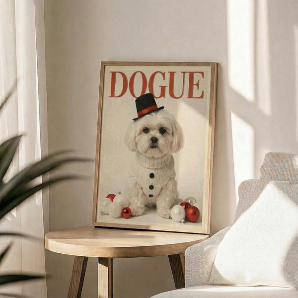 May include: Framed poster featuring a white Maltese dog wearing a black top hat with red band and cream cable-knit sweater, surrounded by red and white Christmas ornaments. The word "DOGUE" appears in large red letters at the top. The wooden-framed print sits on a round wooden side table next to a beige upholstered chair, with a potted plant visible in soft natural lighting.