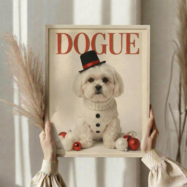 May include: Person holding framed poster print in light wood frame showing white Maltese dog wearing cream snowman sweater with black buttons and small black top hat with red band. Red and white Christmas ornaments scattered around dog. Cream background with "DOGUE" in red letters at top. Person wearing beige ruffled sleeve top holds dried wheat stems in other hand against white curtained window.