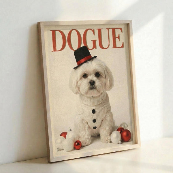 May include: Framed poster print featuring a white Maltese dog wearing a black top hat with red band and cream cable-knit sweater with black buttons. Red and white Christmas ornaments scattered around the dog's feet. The word "DOGUE" appears in large red letters at the top. Light wood frame displayed against white wall corner with soft natural lighting casting gentle shadows.
