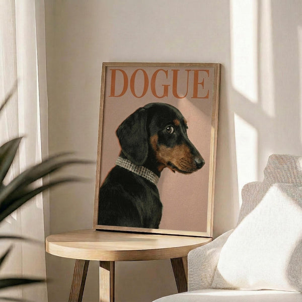 May include: Framed poster featuring a black and tan dachshund wearing a pearl necklace against a peachy pink background with "DOGUE" text in orange serif letters, displayed on a light wood round side table next to a beige upholstered chair with white pillow, sunlight streaming across white walls with plant shadows visible