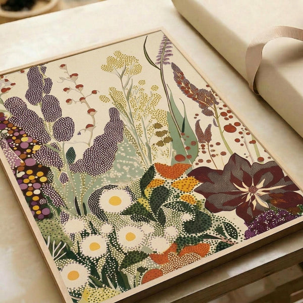 May include: Colorful botanical art print with dotted pattern style featuring wildflowers, daisies, leaves and abstract plant forms in purple, yellow, orange and green tones. Print shown flat on white paper with cream ribbon nearby, displaying detailed stippled texture and whimsical meadow design.