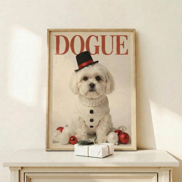 May include: Framed poster showing a white Maltese dog wearing a black top hat with red band and cream knit sweater, surrounded by red and white Christmas ornaments. Red "DOGUE" text at top mimics fashion magazine style. Wooden frame sits on light wood shelf next to small wrapped white gift box with evergreen sprig.