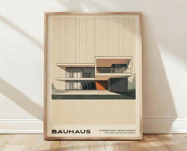 May include: Framed architectural poster featuring modernist building design with geometric shapes in beige, orange, and dark green colors. Clean lines show multi-level structure with large windows and cantilevered sections. Bauhaus text at bottom with museum subtitle. Light wooden frame sits on wooden floor against white wall with soft natural lighting and fabric shadows.
