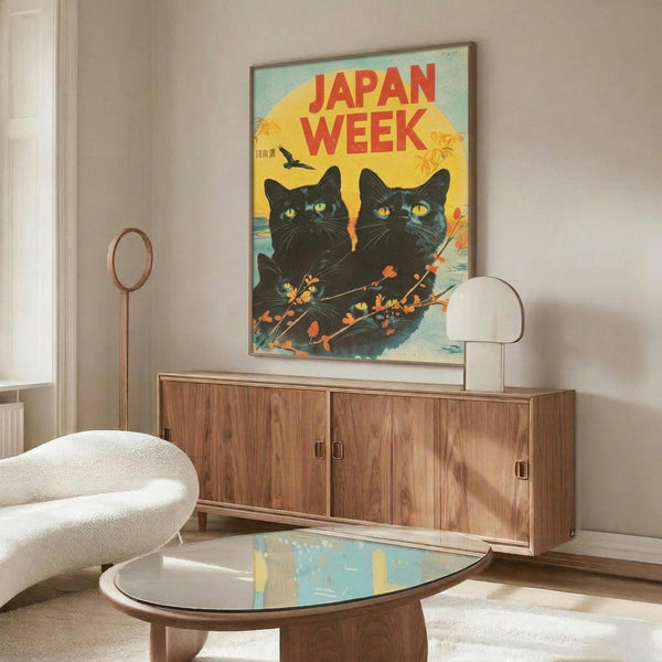 May include: Vintage-style poster featuring three black cats with yellow-green eyes against a soft blue and yellow sunset background with flying birds and autumn branches. Red text reads "JAPAN WEEK" at top. Poster is framed and displayed above a mid-century modern walnut credenza with sliding doors. Room setting includes white upholstered chair, brass floor lamp, oval glass coffee table, and cream walls with natural lighting.