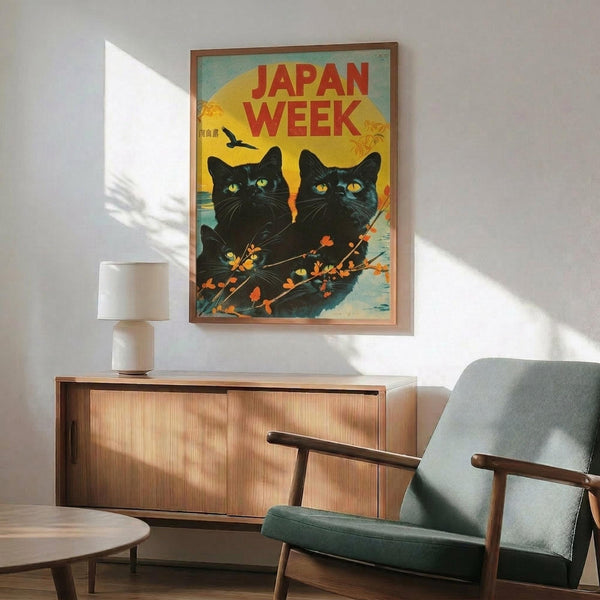 May include: Framed vintage-style poster featuring two black cats with bright yellow and green eyes against a sunset backdrop with red "Japan Week" text, displayed above a mid-century modern wooden credenza with white ceramic lamp, next to a sage green upholstered armchair with wooden frame in a minimalist room with white walls and natural lighting.