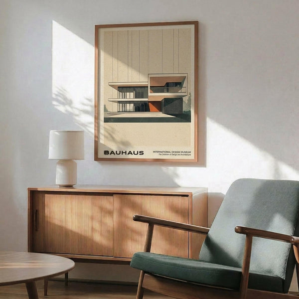 May include: Framed Bauhaus architectural poster displaying modernist building illustration in muted earth tones, hung on white wall above wood credenza with ceramic lamp. Mid-century green upholstered armchair with wooden frame sits nearby on hardwood floor. Natural sunlight casts geometric shadows across minimalist interior setting.