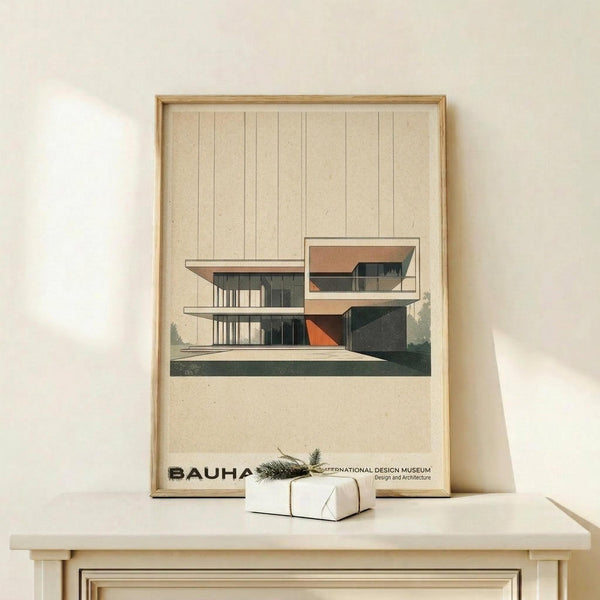 May include: Framed modernist architectural poster showing geometric concrete building with cantilevers in beige, orange and dark green tones, displayed on light wood surface beside white wrapped gift with pine sprig against cream wall