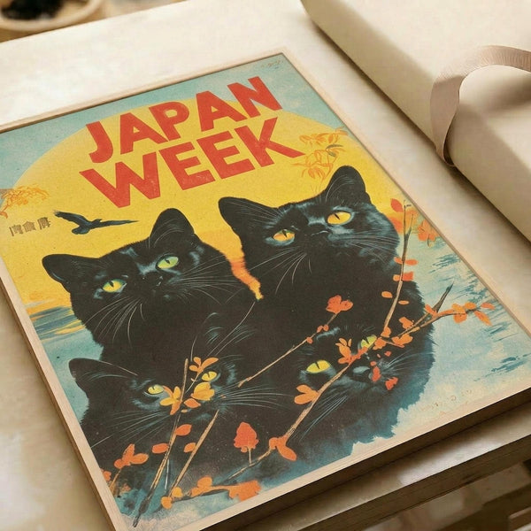 May include: Vintage-style poster print featuring three black cats with bright yellow and green eyes against a sunset backdrop with flowering branches. The design shows retro Japanese-inspired artwork with "JAPAN WEEK" text in bold red letters across a yellow sun. The print appears mounted on white paper with rolled paper visible in the background, photographed on a light wooden surface.