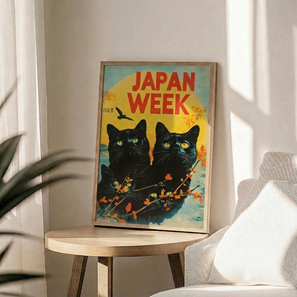 May include: Framed poster print featuring three black cats with bright green and yellow eyes against a yellow sun and turquoise sky background, with red "JAPAN WEEK" text and autumn branch details. Print sits on light wood round side table next to beige upholstered chair in bright, naturally-lit room with white walls and plant shadows.