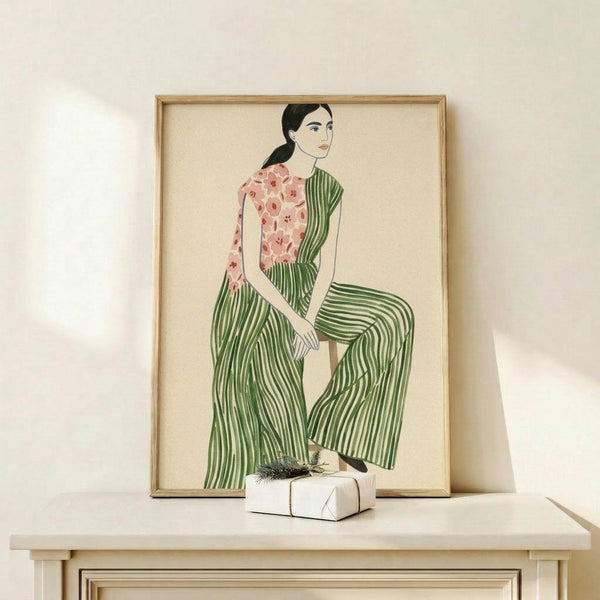 May include: Framed illustration of a woman with dark hair in ponytail wearing a floral pink top and green striped wide-leg pants, displayed on light wooden shelf against cream wall. Small white wrapped gift box sits beside the natural wood frame. The artwork features a minimalist style with flowing lines and muted colors on cream background.