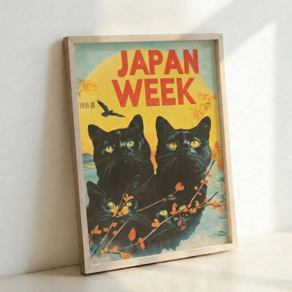 May include: A framed vintage-style travel poster featuring two black cats with bright yellow-green eyes against a sunset backdrop. Red text reads "JAPAN WEEK" at the top, with orange cherry blossoms in the foreground, flying birds, and Japanese characters. The artwork has warm yellow, orange and teal tones in a weathered, retro aesthetic. Light wooden frame sits against a white wall corner.