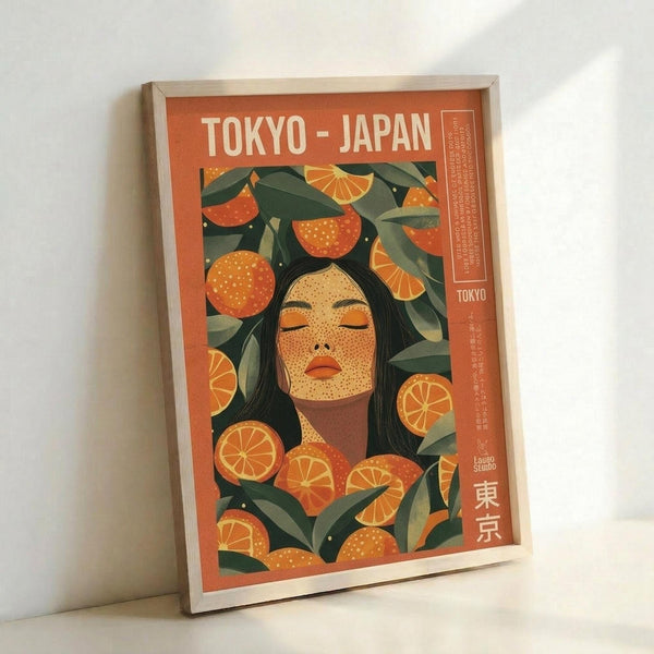 May include: Framed poster with orange and green design featuring a woman with long dark hair surrounded by oranges, orange slices, and leaves. The poster displays "TOKYO - JAPAN" at the top with Japanese characters on the right side. Art print shown in light wood frame leaning against white wall, displaying vintage travel poster aesthetic with warm orange background and botanical citrus motifs.