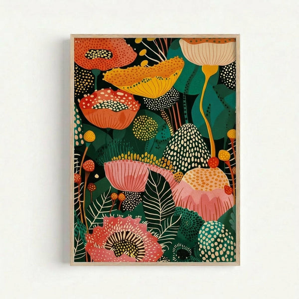 Colorful botanical art print in light wood frame showing stylized mushrooms and flowers in vibrant oranges, pinks, yellows, and greens against a dark background. The design features dotted patterns, organic shapes, and decorative foliage with a mid-century modern aesthetic. Frame is mounted on white wall.