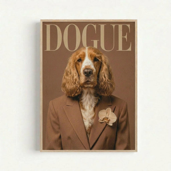 A framed poster featuring a spaniel dog's head digitally placed on a human body wearing a brown tailored blazer with an orchid boutonniere. The design mimics a high-fashion magazine cover with "DOGUE" in large beige letters at the top against a warm brown background. The spaniel has reddish-brown and white fur with long, wavy ears. The frame appears light wood-toned and the poster is mounted on a white wall.