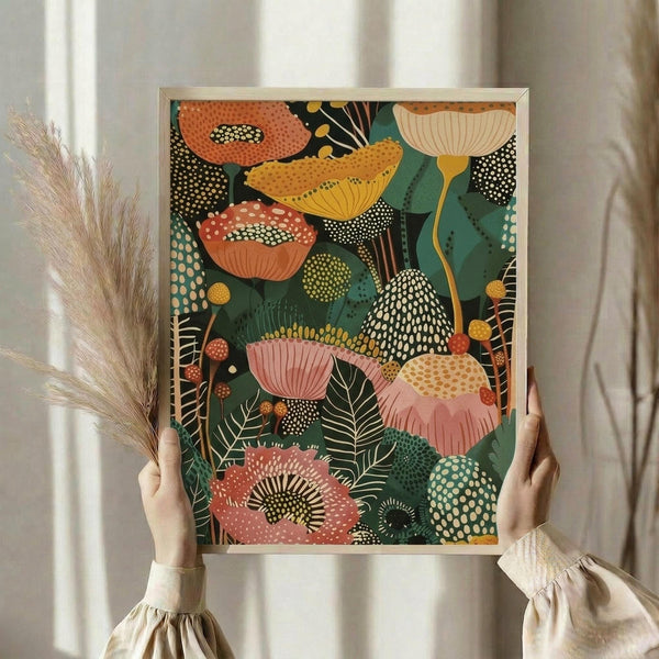 May include: Person holding a framed botanical art print featuring stylized mushrooms and flowers in coral, orange, yellow, and teal colors with dotted patterns and geometric textures on a dark green background. Natural wooden frame, white curtained window backdrop, dried pampas grass visible on left side.