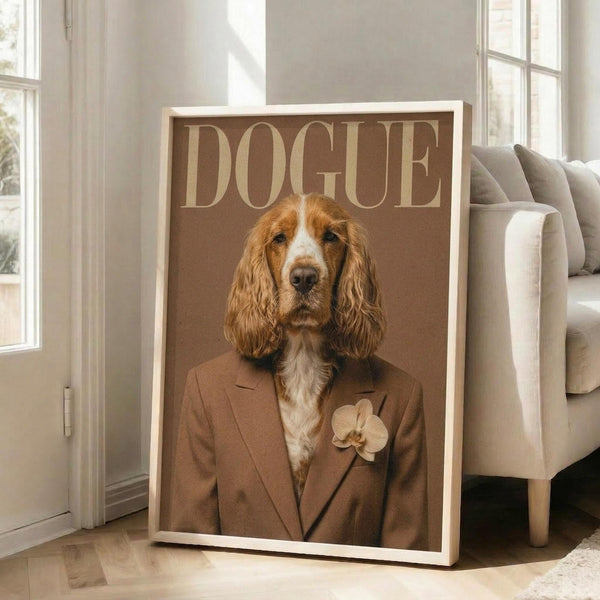 May include: Framed poster featuring a spaniel dog's head on a human body wearing a tan blazer with orchid boutonniere, styled like a fashion magazine cover with "DOGUE" text at top. Brown and cream tones throughout. Frame sits on light wooden floor against white wall next to beige upholstered sofa in bright, airy living room with tall windows.