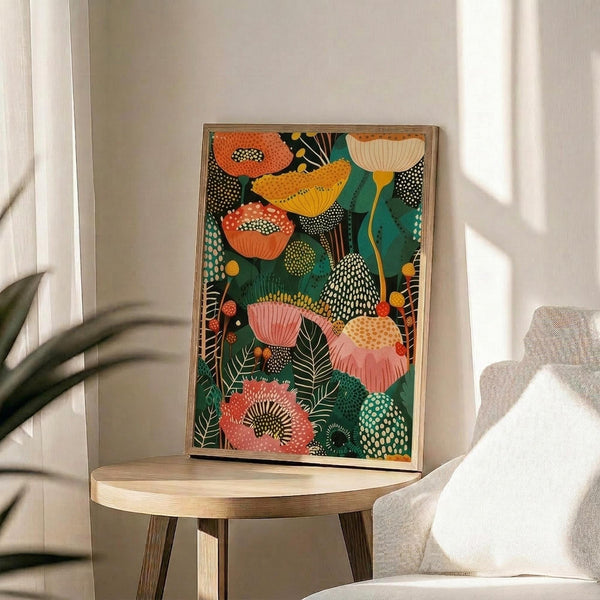 May include: Framed botanical print with stylized flowers and leaves in vibrant orange, coral, yellow, and green colors against dark background, displayed on round wooden side table next to beige upholstered chair. Natural sunlight streams across white walls creating soft shadows. Small plant visible in corner adds organic touch to modern interior setting.