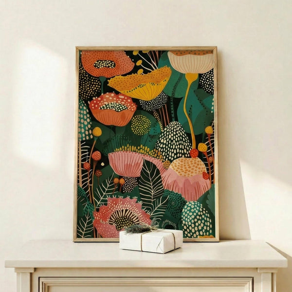 May include: A framed botanical art print leaning against a white wall on a light wood shelf. The artwork features stylized mushrooms and flowers in coral, yellow, pink, and green with dotted patterns and organic shapes on a dark background. A small white wrapped gift with greenery sits in front of the natural wood frame.