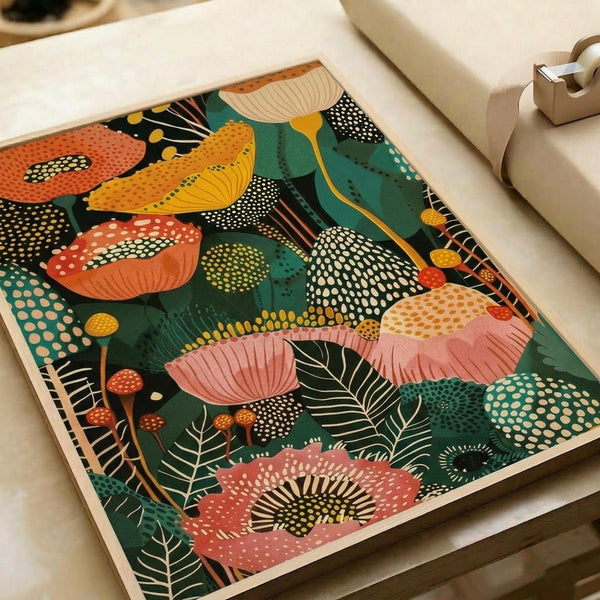 May include: Colorful botanical art print displayed on white paper with tape dispenser nearby. Features vibrant mushrooms, leaves, and abstract plant forms in coral pink, yellow, teal green, and orange against dark background. Mid-century modern style with dotted patterns and organic shapes creates whimsical forest scene.
