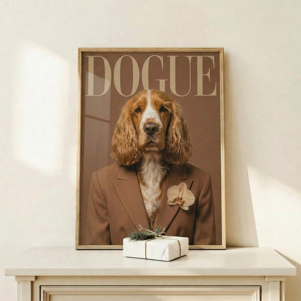 May include: Framed poster displaying a spaniel dog's head digitally placed on a human body wearing a tan blazer with small flower lapel pin, styled as fashion magazine cover with "DOGUE" text at top in beige letters on brown background. Small white wrapped gift with greenery sits on light wood console table below the natural wood framed artwork against cream wall.