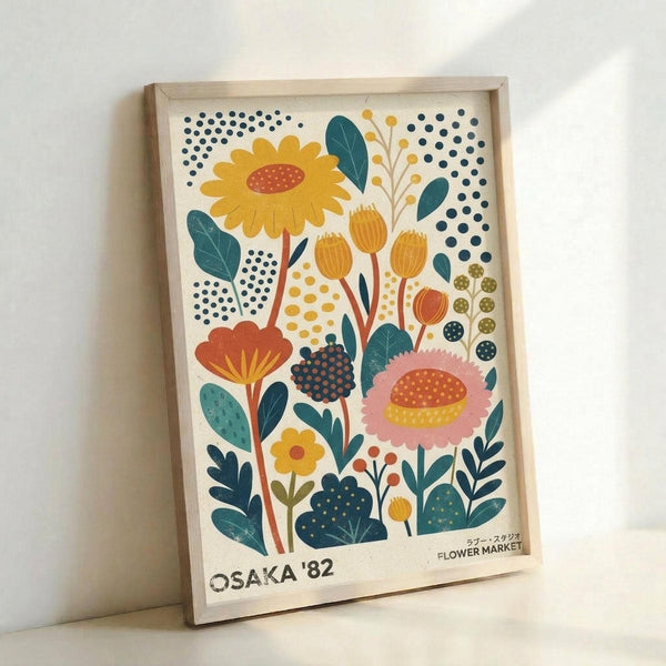 Framed art print featuring a colorful folk art style botanical illustration with stylized flowers including yellow sunflower, pink bloom, and orange flowering stems surrounded by teal leaves and navy dotted patterns on cream background. The wooden frame leans against a white wall, with "OSAKA '82" and "FLOWER MARKET" text visible at bottom of artwork.