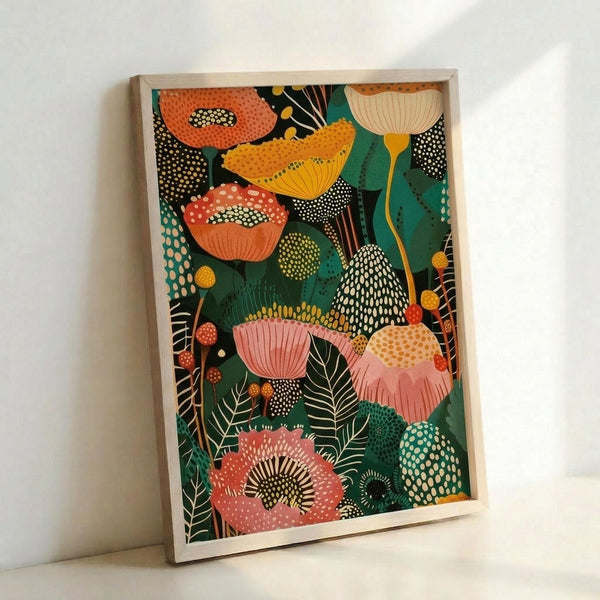 Framed botanical art print featuring stylized mushrooms and flowers in vibrant orange, pink, yellow, and coral tones against a dark green background with decorative dotted patterns. The artwork displays a mid-century modern aesthetic with organic shapes, fern leaves, and whimsical fungi rendered in a folk art style. The print is displayed in a light wood frame leaning against a white wall.