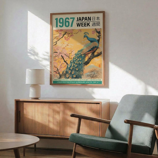May include: Framed poster featuring a blue and green peacock perched on cherry blossom branches against warm golden sky, displayed above wooden sideboard with white ceramic lamp and gray upholstered armchair in modern living room with natural lighting