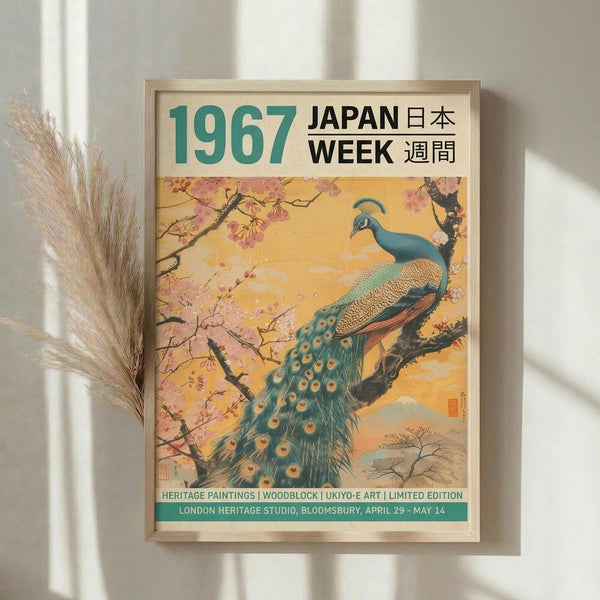 May include: Framed vintage-style poster featuring a colorful peacock perched on cherry blossom branches against a golden sunset sky. The artwork displays Japanese woodblock print aesthetics with teal and blue peacock feathers, pink blossoms, and warm yellow tones. Text reads "1967 JAPAN WEEK" at top with exhibition details below. Natural wood frame hangs on white wall next to dried pampas grass stems with soft window lighting.