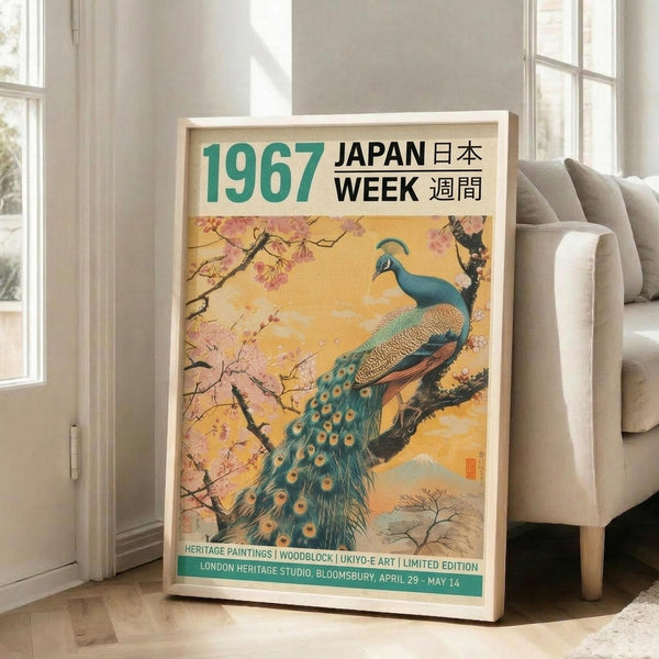 May include: Framed vintage-style poster featuring a vibrant peacock perched on cherry blossom branches against a golden yellow background. The peacock displays detailed blue and teal plumage with ornate tail feathers. Text reads "1967 JAPAN WEEK" in green and black lettering. The wooden-framed artwork leans against a white wall next to a beige upholstered chair in a bright, minimalist living room with large windows and natural lighting.