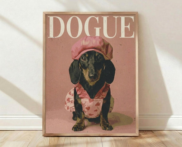 May include: Framed poster print leaning against white wall on wooden floor. Features black and tan dachshund wearing pink chef's hat and heart-patterned apron on dusty rose background. Large white "DOGUE" text at top mimics fashion magazine style. Natural wood frame with soft shadows cast on cream colored wall behind.