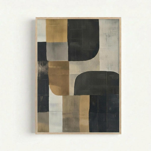 Framed abstract artwork with geometric shapes in muted tones of charcoal black, warm ochre yellow, cream, and gray. The composition features overlapping curved and angular forms creating a balanced, modern design. The piece has visible brushstroke textures and is displayed in a light wood frame against a white wall.