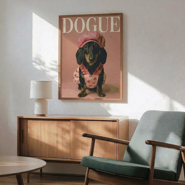 May include: Framed poster showing a dachshund wearing pink beret and apron styled like Vogue magazine cover with "DOGUE" text on peachy pink background. Displayed above mid-century modern wooden sideboard with white ceramic lamp, next to sage green upholstered armchair with wooden frame in sunlit room with white walls.