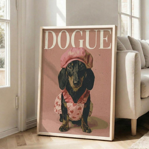 May include: Framed poster featuring a dachshund wearing a pink beret and floral outfit on pink background with "DOGUE" text at top, displayed in bright living room with beige sofa, large windows, and light wooden floors