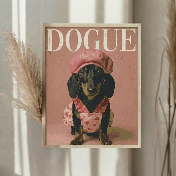 May include: Framed poster with coral pink background featuring a black and tan dachshund wearing a pink chef's hat and floral apron, styled as a fashion magazine cover with "DOGUE" in large cream letters at top. Light wood frame displayed on white wall next to dried wheat stems and flowing curtains.