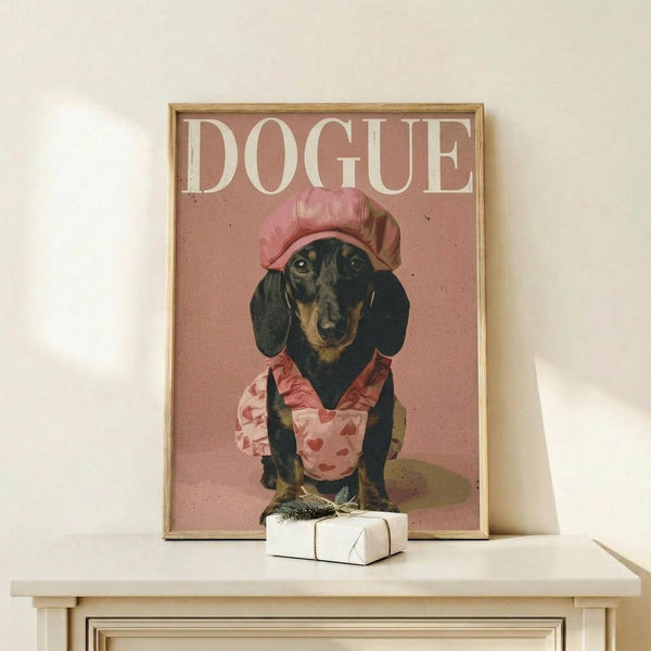 May include: Framed poster print displaying a dachshund wearing a pink chef's hat and heart-patterned apron on a dusty rose background with "DOGUE" text in cream letters at top. The golden-framed artwork sits on a light wooden shelf next to a small white wrapped gift with greenery sprig, against a white wall with soft natural lighting.
