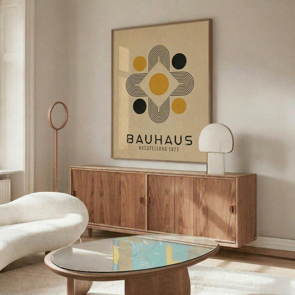 May include: Framed Bauhaus exhibition poster with geometric design featuring yellow and black circles around striped cross pattern on cream background, displayed above walnut sideboard in modern living room with white curved chair, brass floor lamp, oval glass coffee table, and white mushroom table lamp.