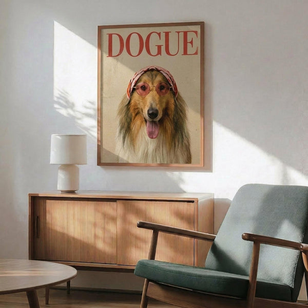 May include: Framed poster featuring a collie dog wearing pink sunglasses and headscarf styled like Vogue magazine cover, displayed on white wall above wooden sideboard with table lamp, next to mint green mid-century armchair in sunlit room with hardwood floors.